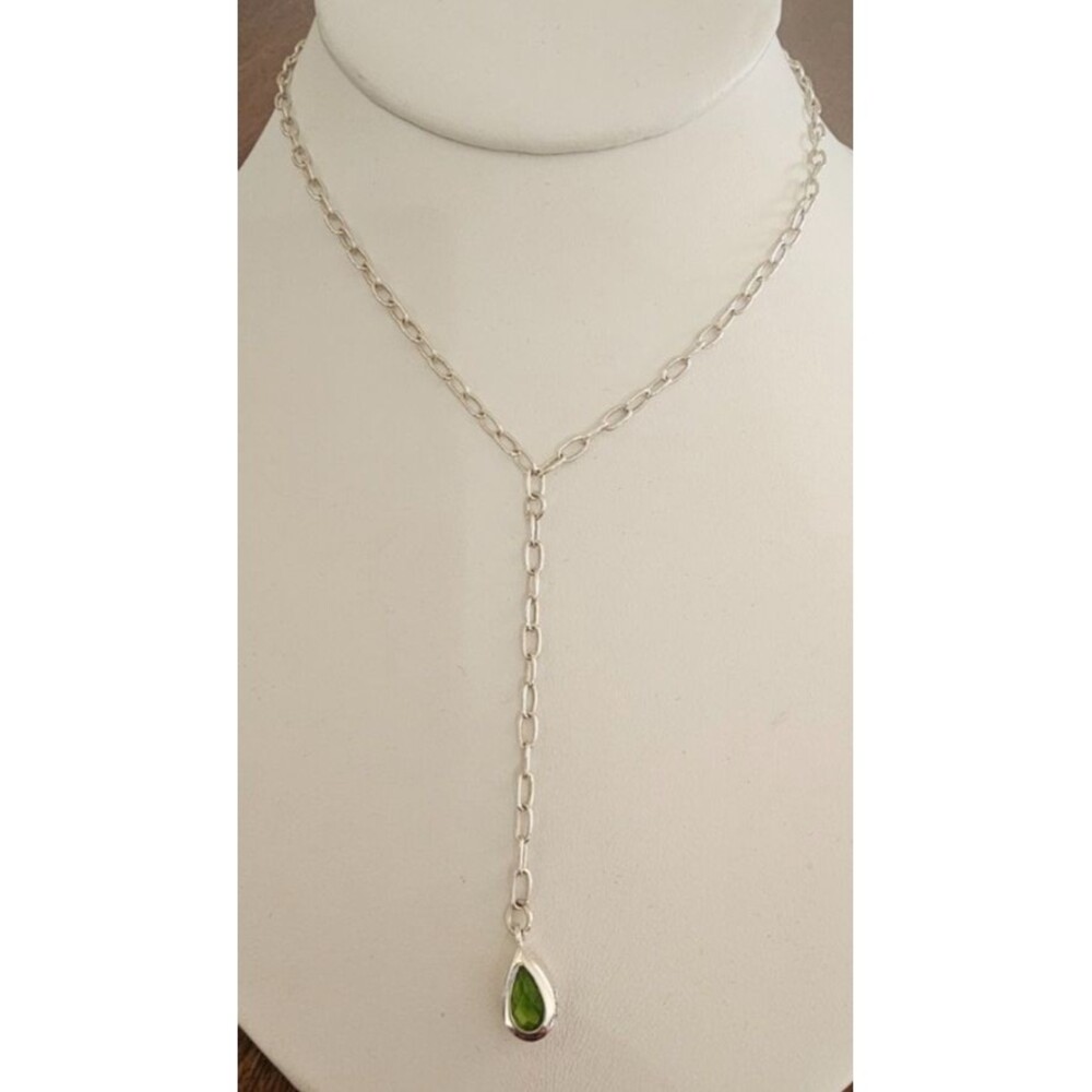 925 Silver Green Glass Teardrop Y Drop Necklace 16"L